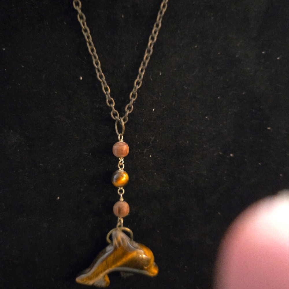 Handmade Tiger Eye Dolphin Pendant Necklace in Brown and Gold